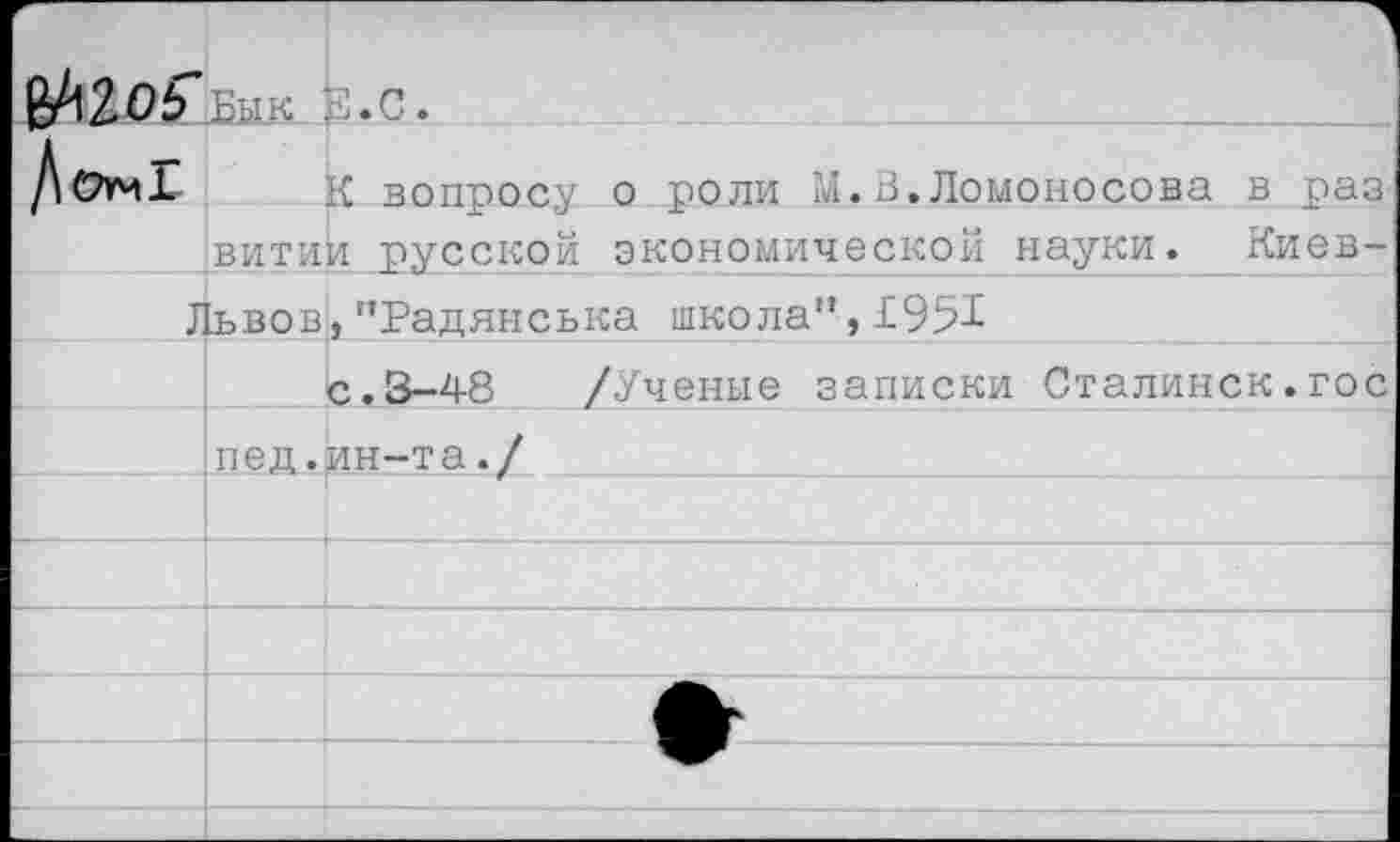 ﻿	1-я .V		 К вопросу о роли гЛ. В. Ломоносова	в раз
	витий русской экономической науки.	Киев-
Л	ьвов,"Радянська школа",£951	
	с.3-48 /Ученые записки Сталинск.гос	
	пед.ин-та./ 			